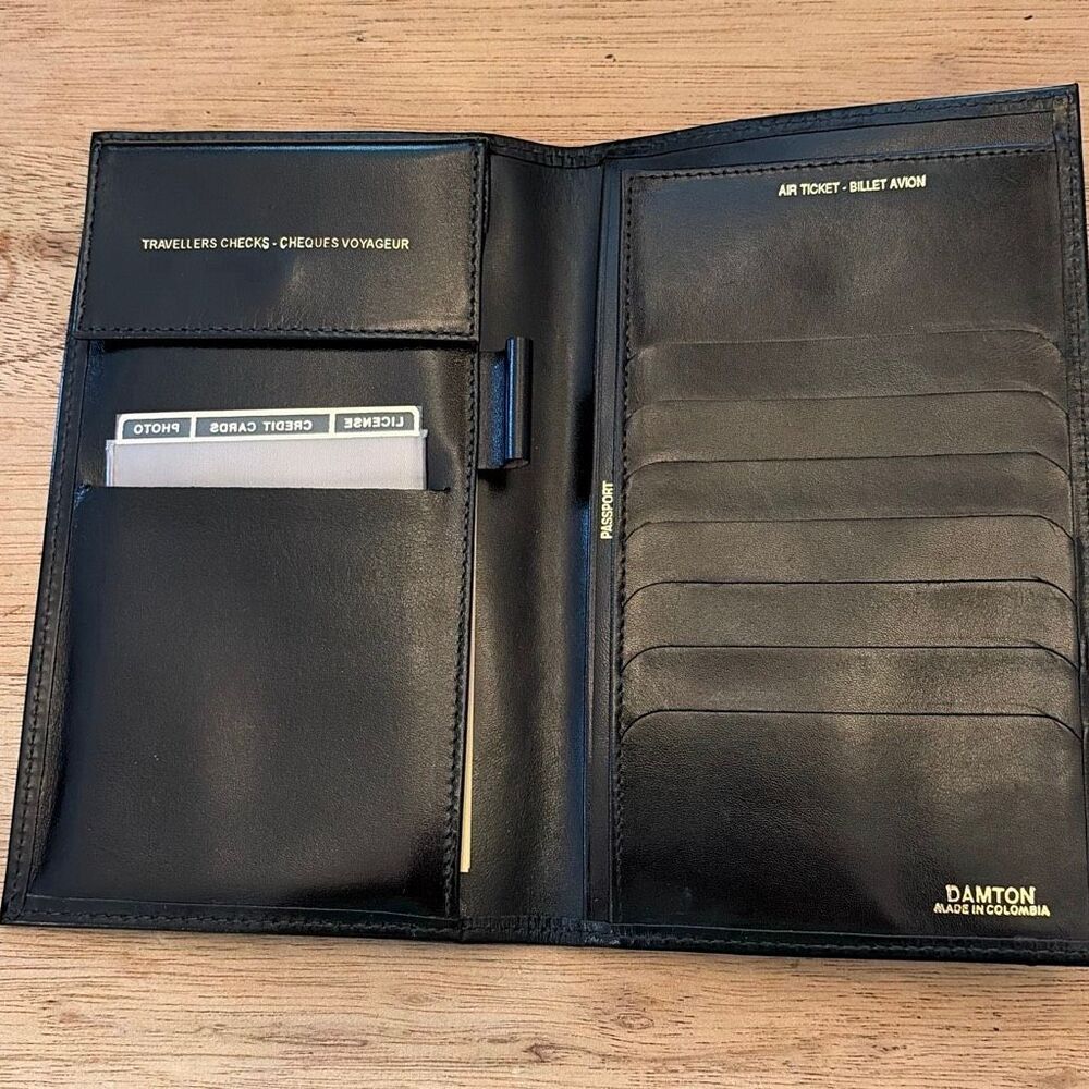 New Damton vintage black leather billfold, wallet, passport holder